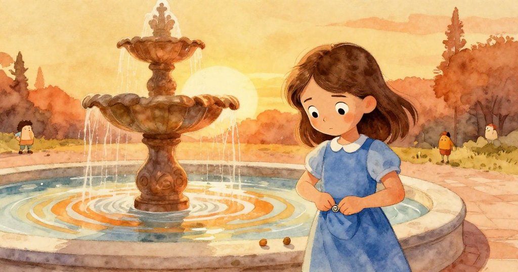 在夕陽餘暉下，Gwen 將心愛的金屬按鈕收入口袋，溫暖的噴泉與橙色痕跡象徵著解決難關的勝利