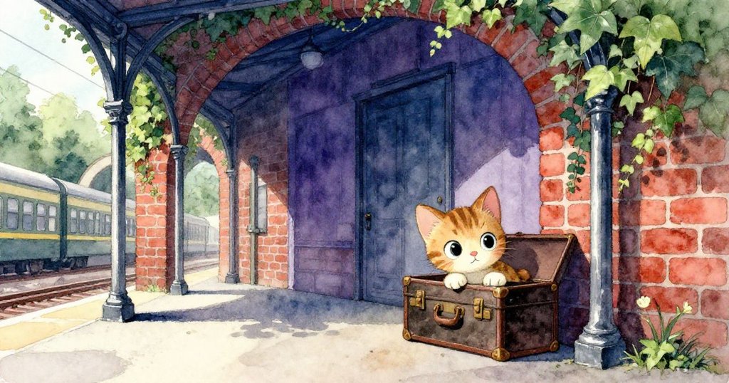 Kitty躲在滿佈常春藤的車站拱門旁舊行李箱後，好奇探險，背景有磚牆與鐵柱展現神秘氣氛。