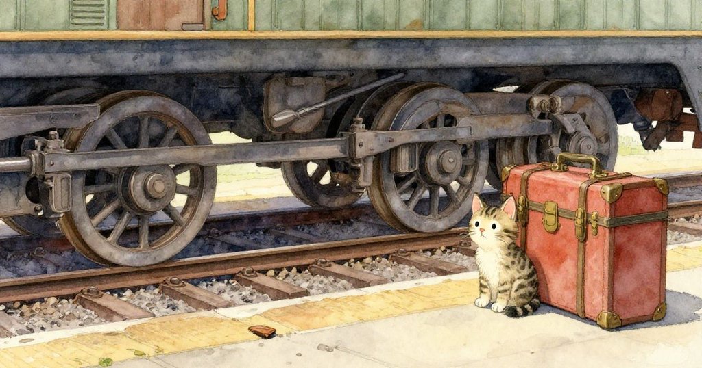 Kitty伸出小爪輕觸搖晃木板上閃光燈塔，細膩紋理與柔和光影表現探索與好奇情感。