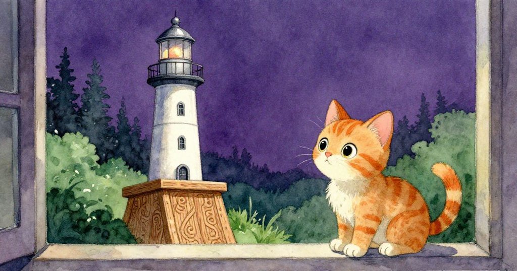 透過窗框看見燈塔隨木板轉動，Kitty專注凝神注視，畫面充滿不穩卻充滿探索期待的氣氛。