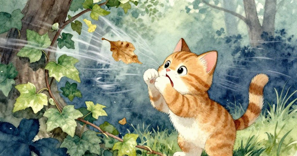 風吹動常春藤搖擺，葉子飄落在Kitty鼻尖，她驚訝打噴嚏，動態光影表現季節轉變與驚奇情緒。