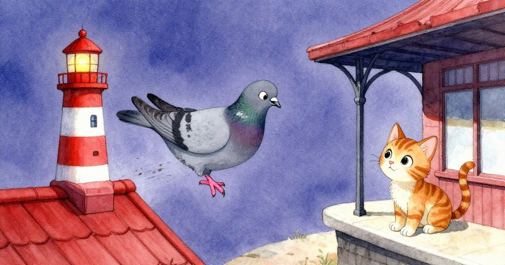 Pippin驚躍於屋樑上，Kitty焦慮注視搖晃燈塔逼近粉色腳趾，緊張場面充滿懸疑與動態張力。