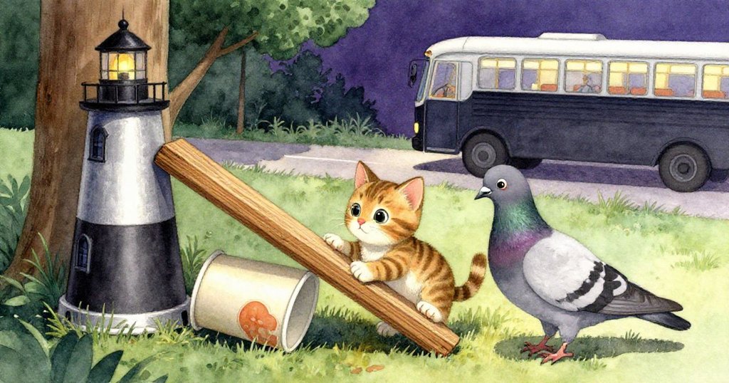 Kitty與Pippin合作用紙杯穩住木板，老車站中巴士緩駛而過，場景充滿希望與協作的溫暖氛圍。