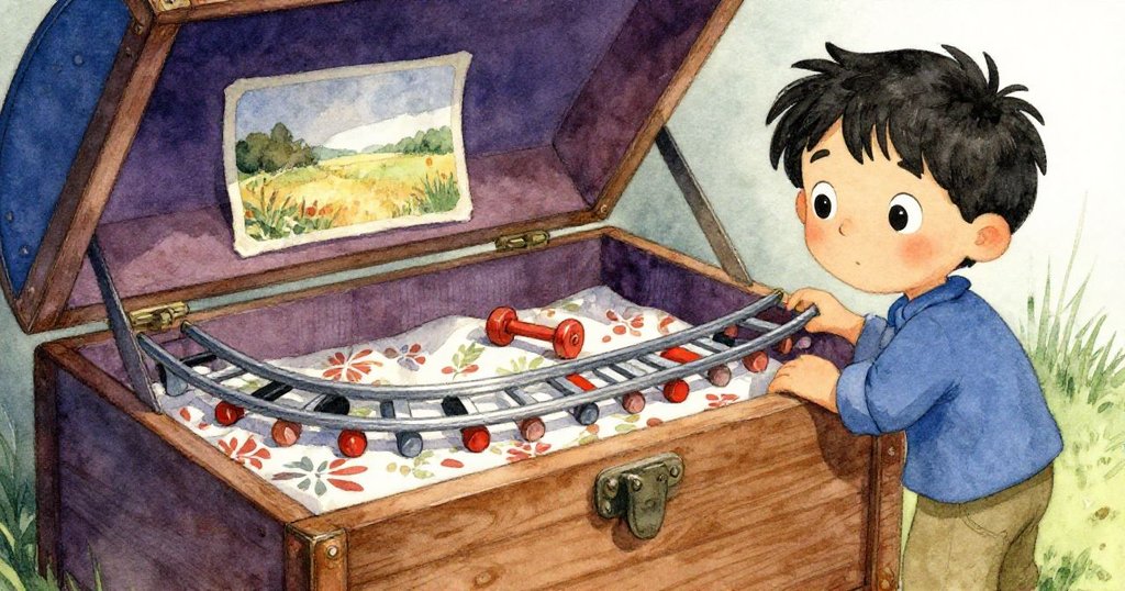 Wadeが箱の中を覗き込み、柄の布の下に薄い錫のおもちゃのレールと古びた野原の写真を丁寧に確認するシーン