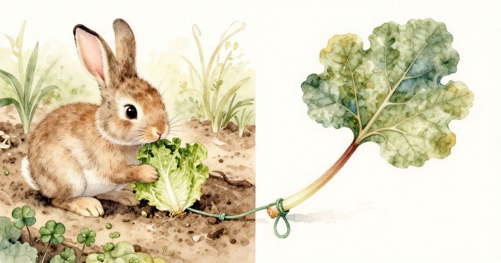 克洛弗小兔一邊享用生菜，一邊畫面展現藤條牽引大甜菜葉，分割場景呈現庭園中靜與動的瞬間。