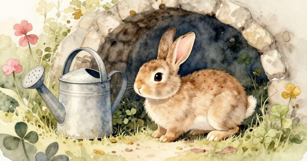 克洛弗小兔躍向水壺旁的陰涼處，光影交錯中呈現庭園中的靜謐避暑角落，神情輕鬆。