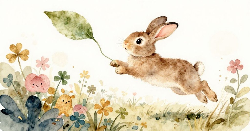 克洛弗小兔躍起瞬間，綠藤猛拉大葉，動感十足營造出花園緊張氣氛，畫面活力充沛。