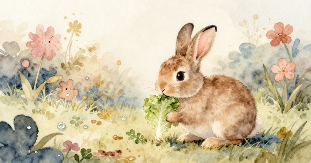 克洛弗小兔在庭園陰涼中安坐，輕咬生菜末端，露珠輕落耳邊，整個場景顯現寧靜滿足氣息。