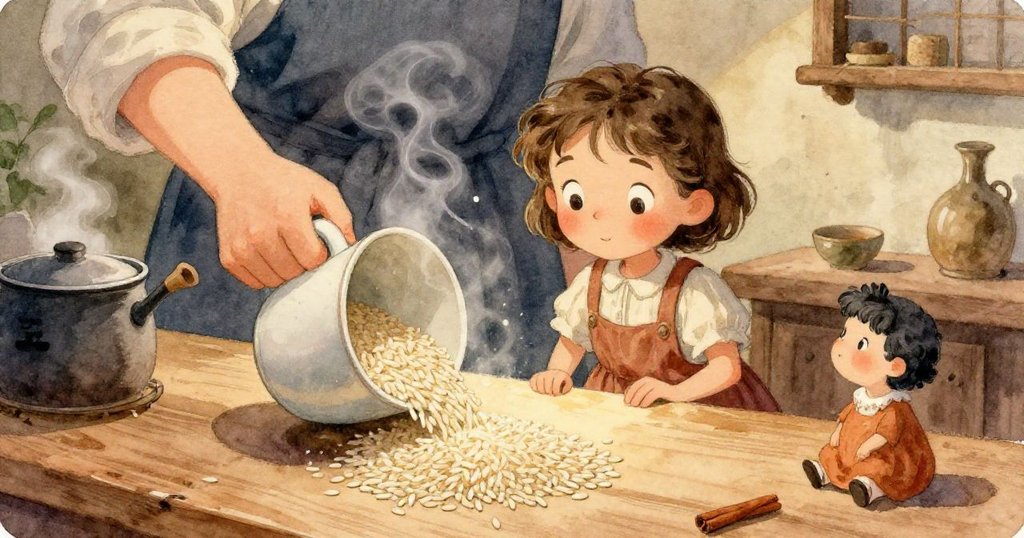 Viola在窗內忙碌,溫暖燈光映出可愛小屋外景,展現家庭早晨的溫馨氣氛