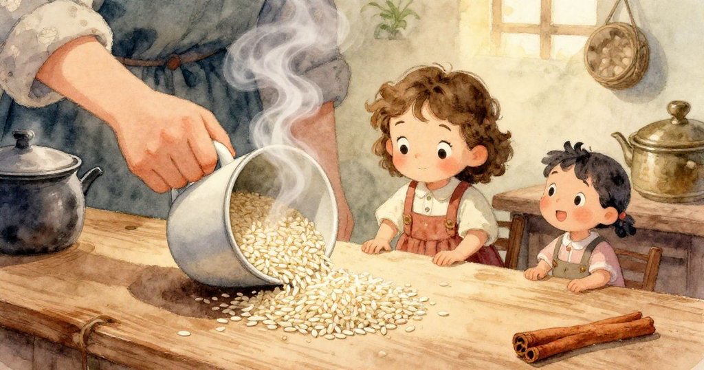 Viola用手輕輕倒米,木質廚房檯面上米鹽混雜,展現創意與細緻動作