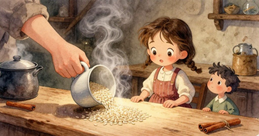 Pip躍上砧板追逐滾動的米鹽麵粉,Viola在旁微笑,場景活力四射充滿動感