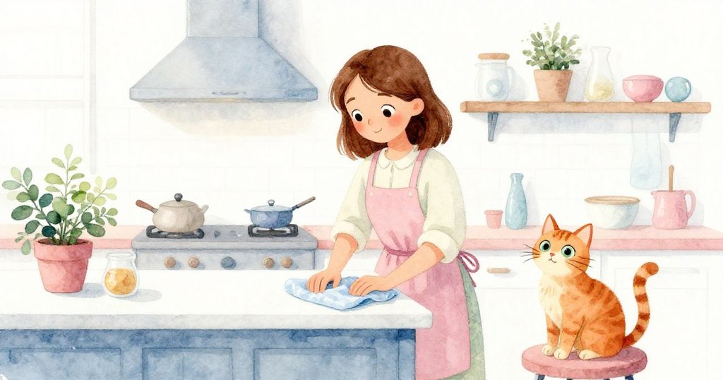 Viola輕柔擦拭檯面流水淨去殘餘米鹽,Pip安靜旁坐,廚房充滿平和氛圍