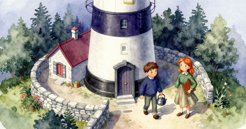 麥克斯拿著水壺上石階,皮亞提著潮汐圖紙,從空中俯瞰燈塔與小屋,動作忙碌且充滿希望