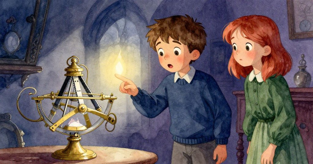 麥克斯被陽光加熱的黃銅器刺痛手指,露出驚訝表情,皮亞關切側頭注視,室內充滿溫暖與古舊光影