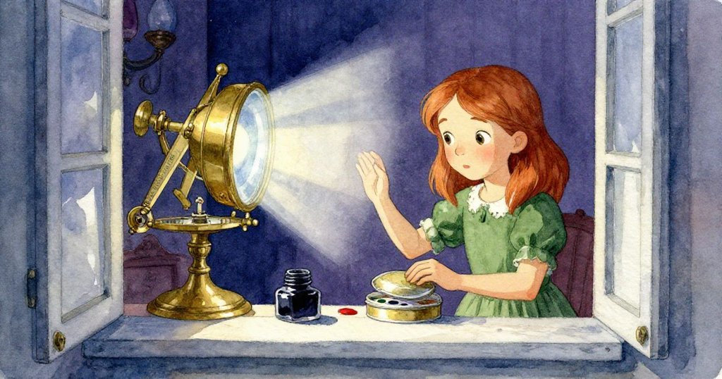 從窗外看進古舊燈室,皮亞準備移動鐵皮蓋來保護書頁,陽光穿窗灑在黃銅器上,充滿決心