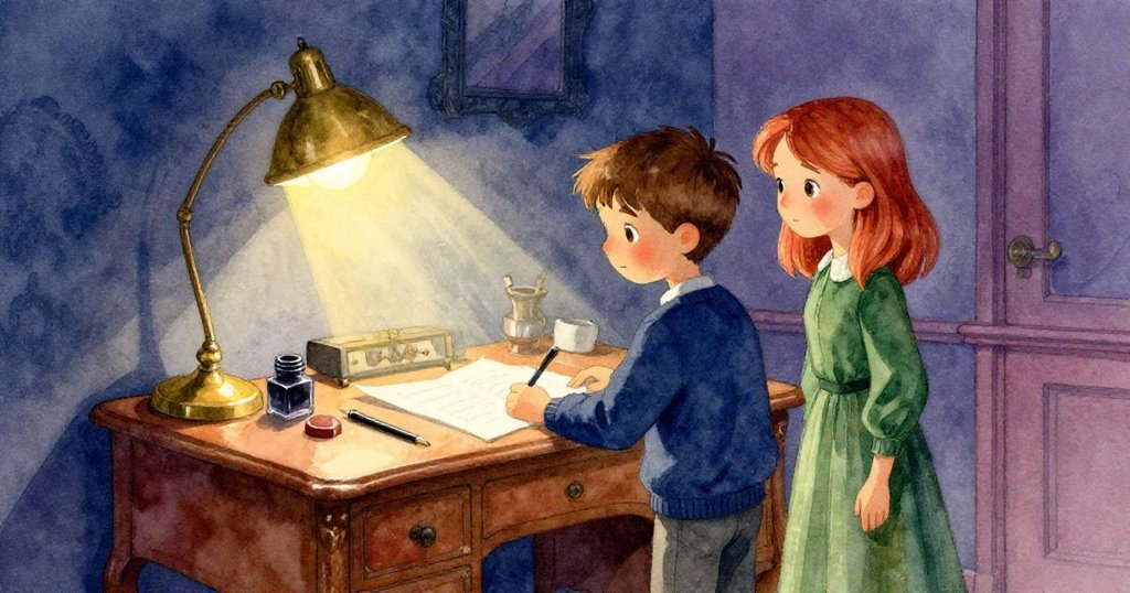 寫字桌上陽光如聚光燈掃過墨水與紙張,光影交錯中物品似在律動,營造出溫暖而緊迫的氣氛