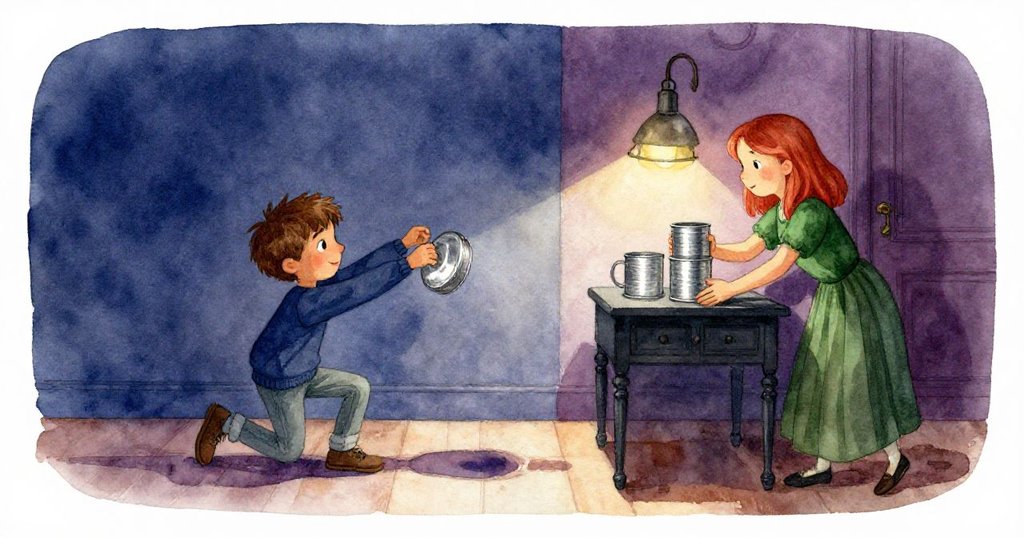 皮亞迅速側身抬起鐵皮蓋,麥克斯急忙擺上杯子保護書頁,兩人合作應對強烈陽光,動感十足