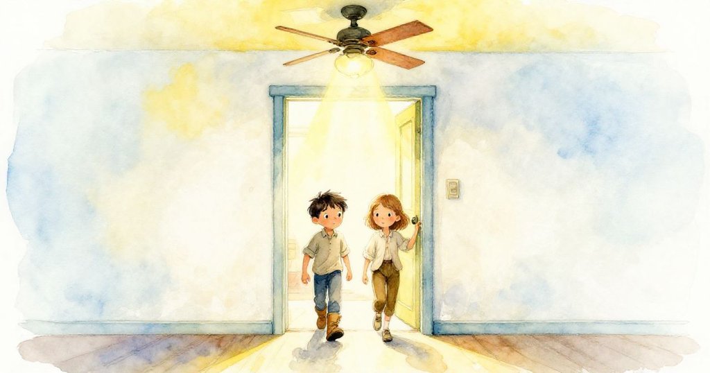 Owen和Vera透過狹窄入口進入倉庫，臉上帶著好奇與決心，室內燈光溫暖，開始一段冒險旅程。