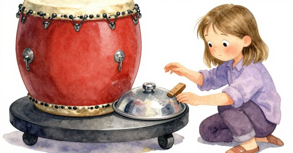 Vera仔細觸摸陶瓷鼓蓋，油光閃爍細節清晰，手中木楔等待使用，彰顯堅定與認真。