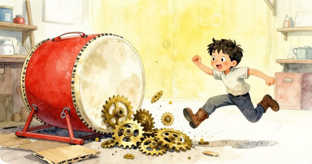 Owen迅速躲避滾動鼓筒，銅齒與紙箱猶如瀑布般飛舞，動感十足，場面驚險熱烈。