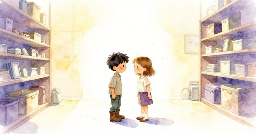 Owen與Vera在整理後重聚，溫馨笑容映照在整潔倉庫中，塵埃隨光輕舞，呈現平和結局。