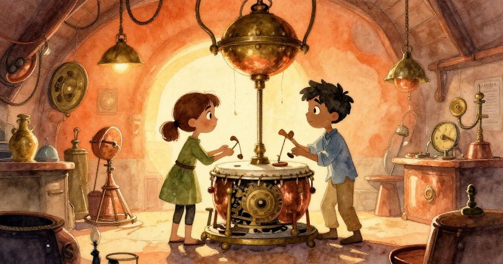 萊拉與格蘭特於明亮晨光中於古舊車間內動作忙碌，剪影中展現旋轉鼓輪與機械細節，充滿溫暖希望。