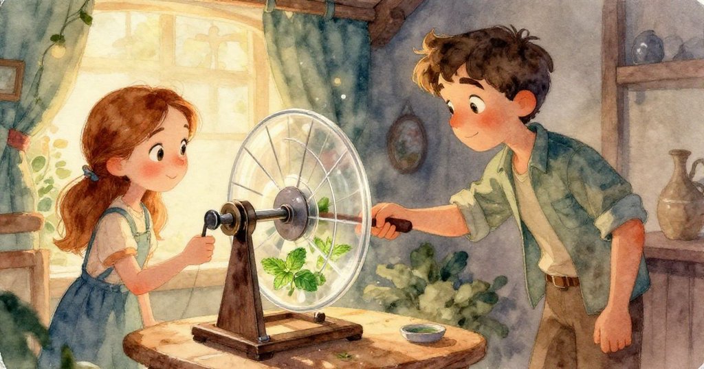 從小生物視角看見車間角落中排列的罐子、銅線與玻璃透鏡，環境細節豐富，充滿好奇與溫暖色調。