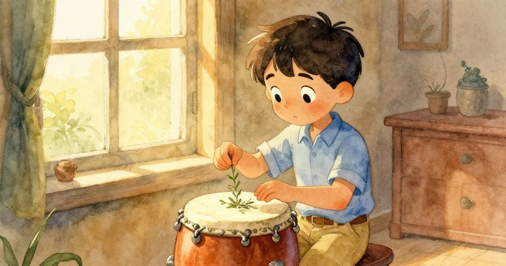 格蘭特站在窗邊，猶豫地將草本樣品加入微搖轉盤，溫暖陽光與涼風交織，呈現現場緊張氛圍。