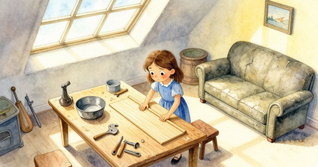 在明亮的工作坊中，Sara 專注地滑動著雪松板，從上方視角看見有刻痕的木桌、工具擺設與老舊家具，流露出熱情與堅定。