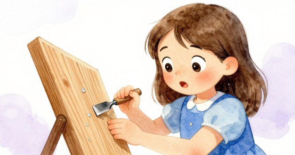 Sara 近距離檢視工作中的雪松板，臉上的神情充滿認真與驚訝，細膩光影映出工作坊溫暖的氛圍。