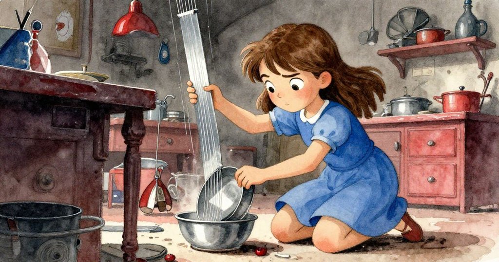 從低角度看向努力工作的Sara，她俯身檢查震動中的金屬條及滑動的錫碗，神情堅定與專注，工作坊氛圍厚重而活躍。