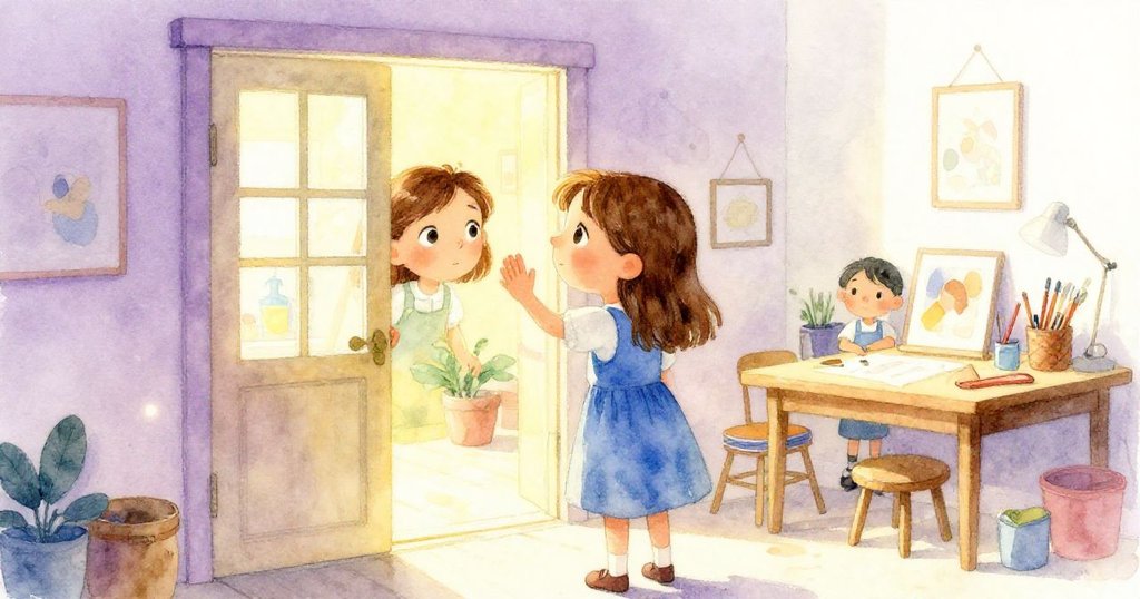 Sara 在工作坊門口溫柔告別，站在逐漸乾涸的水跡旁微笑揮手，心情充滿感慨與溫暖，結束一天的創作。