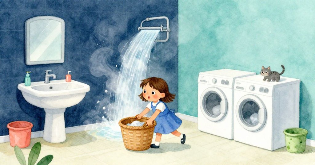 Tara推著沉重籃子在溫暖蒸氣洗衣間中前行，雙槽流水與小灰貓共同營造出忙碌而溫馨的場景。