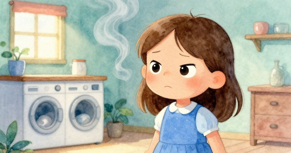 Tara特寫臉龐因蒸氣微微泛紅，眼神堅定中帶著專注與一絲不適，背景隱約顯示出洗衣間氛圍。