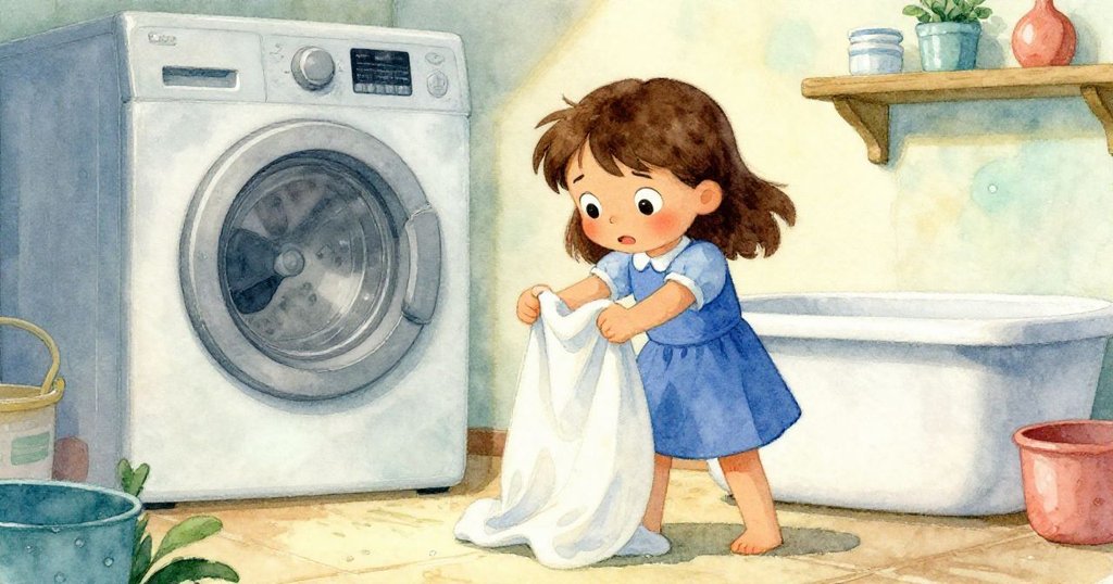 從低角度看，Tara在浴缸邊擰乾毛巾，背景中洗衣機震動與搖晃的木架增添動感，展示出堅定神情。