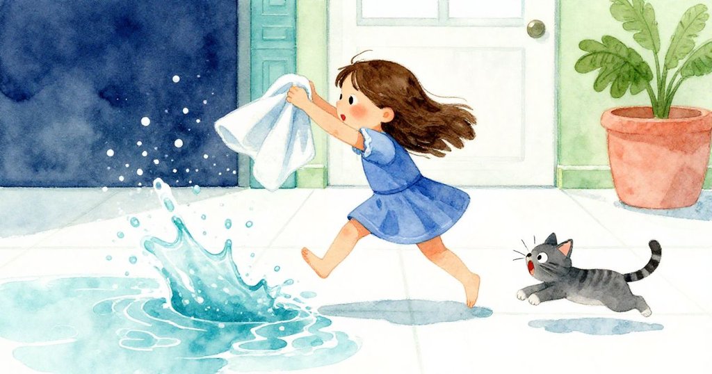 Tara急忙丟下毛巾試圖阻擋奔流的水花，小灰貓驚跳逃離，瓷磚上水跡與泡沫營造出緊迫動感的場景。