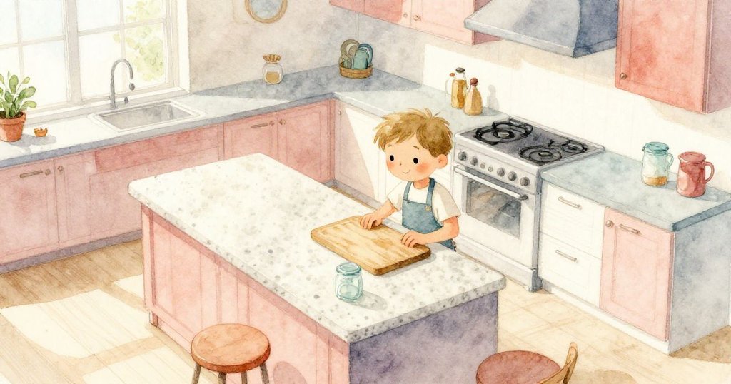 Ned站在大理石島旁，從俯瞰視角中展現寬敞廚房，爐灶與狹窄通道和諧交織，開始溫馨的烹飪冒險。