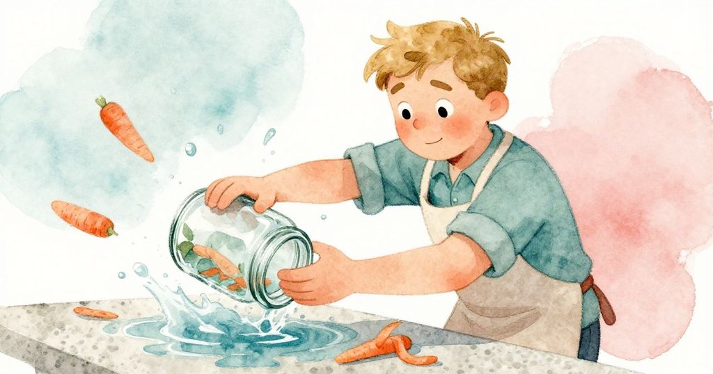 近距離捕捉Ned靈巧的手勢和緊張表情，正奮力接住因托盤震動而滾動的玻璃罐，水花和胡蘿蔔皮飛濺。