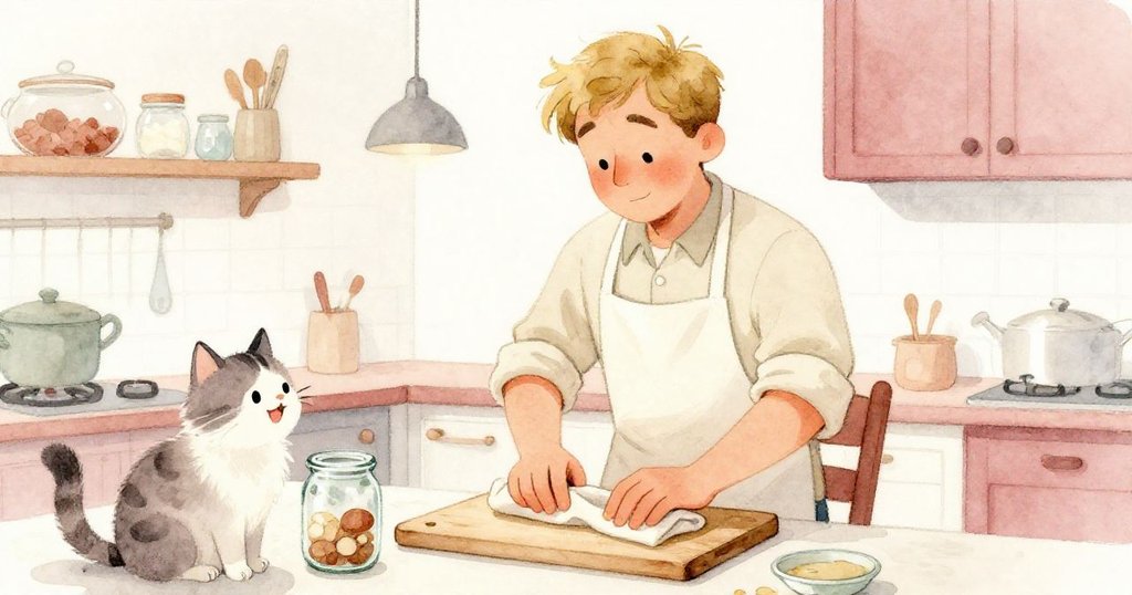 Ned滿懷喜悅地整理案板與玻璃罐，旁邊小貓溫柔守候，廚房洋溢著成功的溫馨慶祝氣氛。