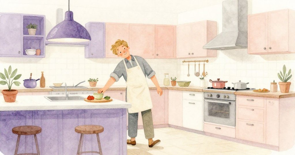 Ned滿意地整理廚房後離開，燈光柔和，廚房沉靜中隱含著忙碌午後的余韻，溫馨告別。