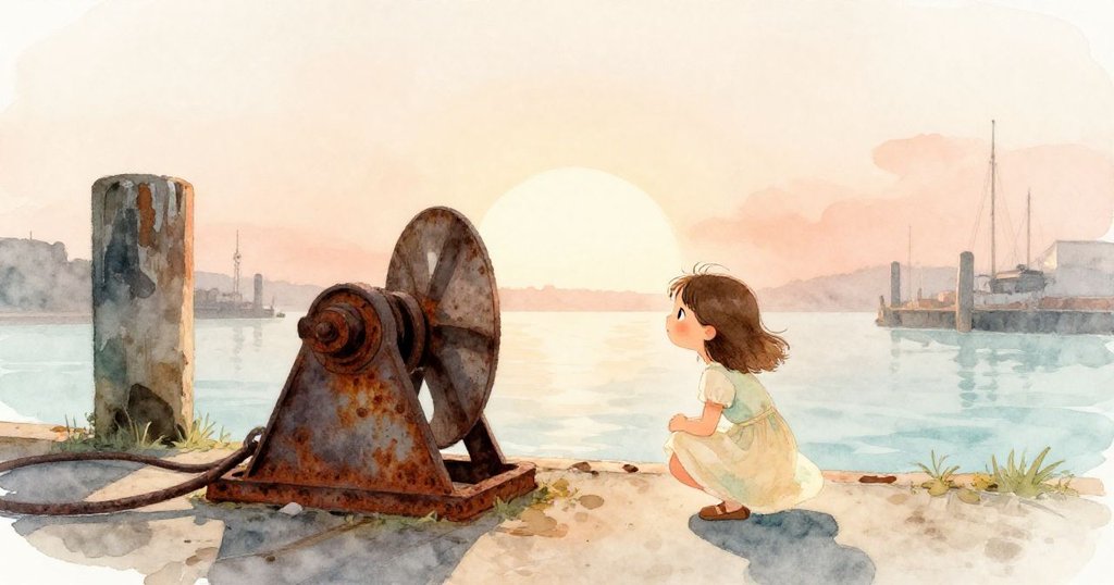 莉莉在破舊碼頭彎腰放置銅飾，燦爛朝陽映出她的剪影，神情專注，環境溫暖充滿希望。