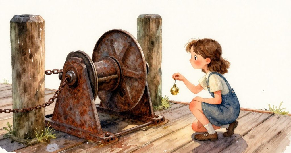 莉莉專注地用手輕彈銅飾，近拍展示木板與精緻飾品細節，神情充滿期待與好奇。