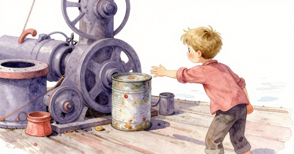 阿莫斯從背後觀察動態機械裝置，拾起帶鹹味的魚罐，神情充滿好奇，背景展示破舊碼頭細節。