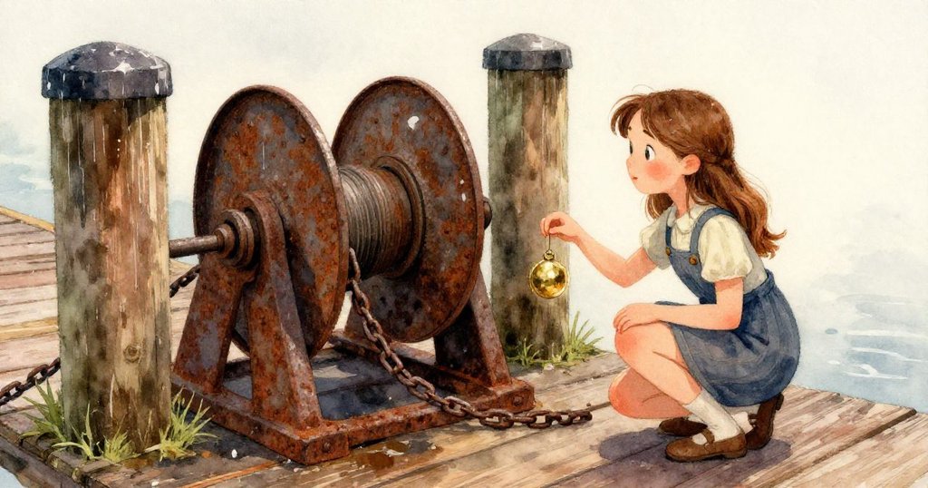 透過水面觀看濕潤木板，下方轉動的線軸與齒輪清晰可見，水面反射夢幻光影，氛圍神秘。