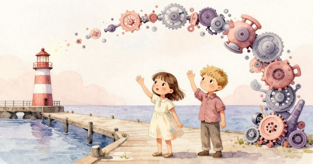 莉莉與阿莫斯微笑揮手告別熱鬧場景，背景燈塔閃爍，拱形機件輕輕顫動，氛圍溫馨而平和。