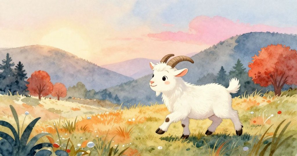 年輕山羊在晨光中快步奔馳於短草地，溫暖山谷景色展現冒險初始，表情充滿期待。