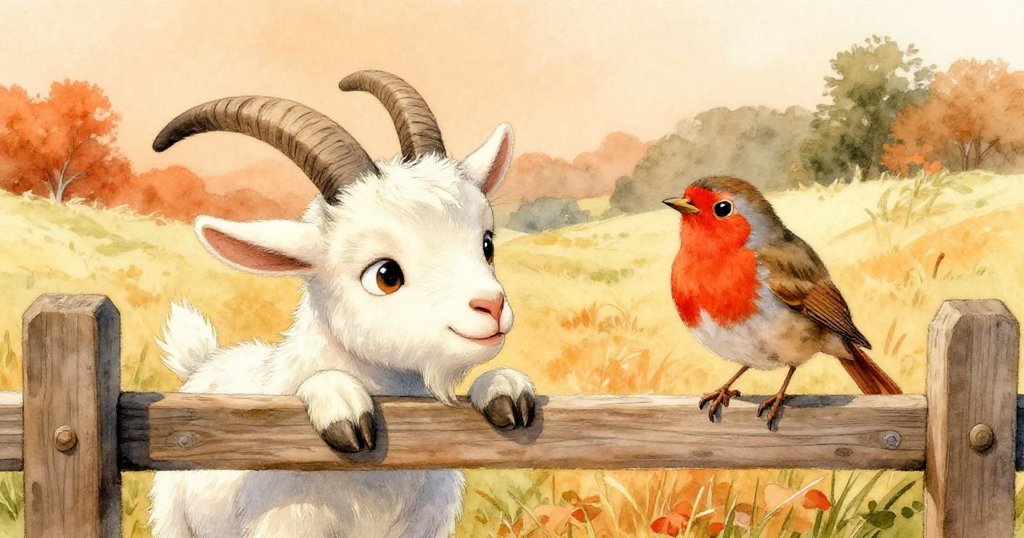 年輕山羊用彎角輕推木門，細長溝渠旁，小知更鳥停留門上，好奇注視著門的動作。