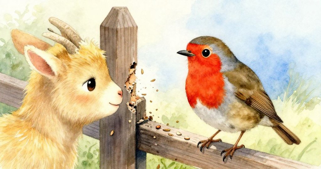 從山羊背後視角看見知更鳥啄食木門脫落樹皮，種子飛舞，展露生動晨景。