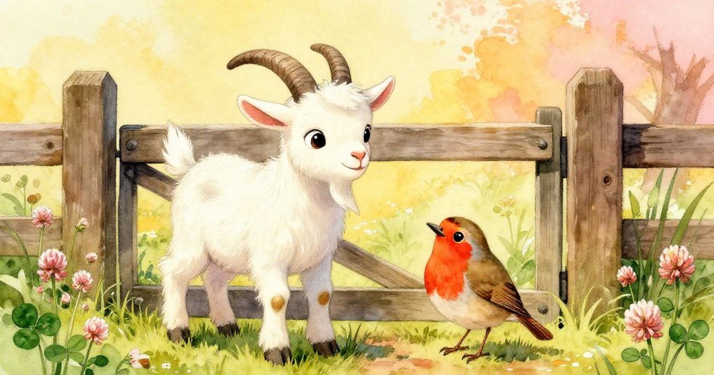 在春意盎然的草地上，年輕山羊輕觸木門，花叢與三葉草點綴，知更鳥快樂跳躍，場景充滿生機。