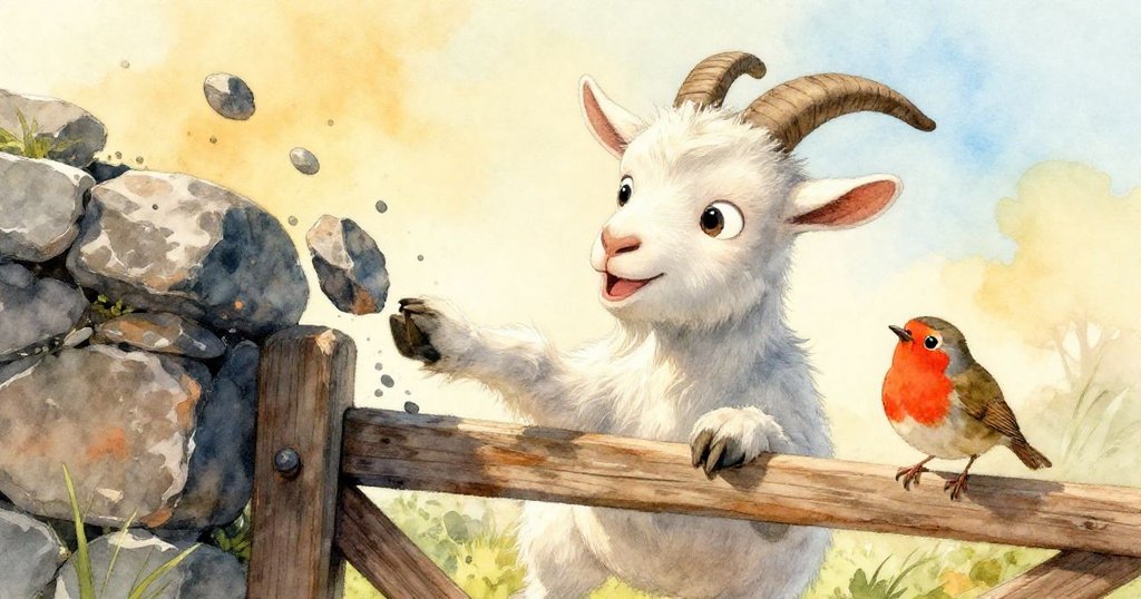 木門滑脫撞上石牆，碎石紛飛，年輕山羊露出驚訝神情，營造出一刻緊湊悬疑的氛圍。